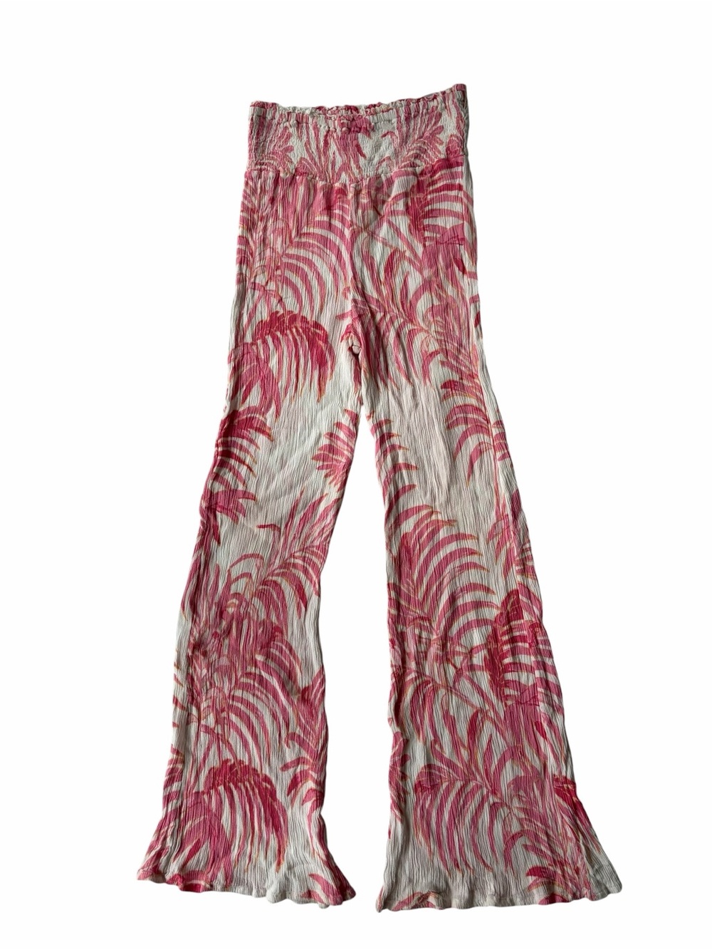 Tularosa Ava Pink Palm Print Smocked Crinkle Chiffon Flare Pants XS